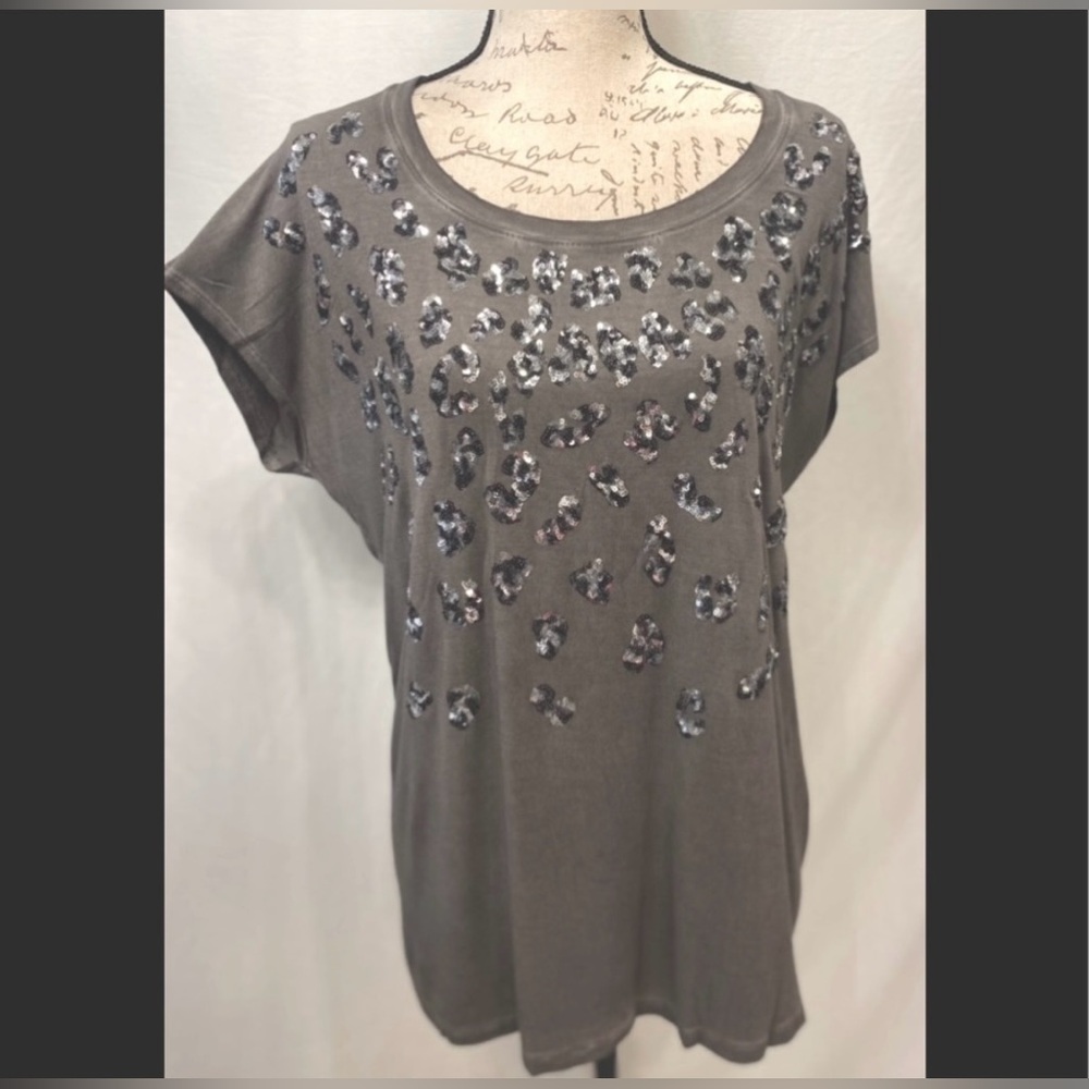 INC Sequin Animal Print Grey Mineral Wash Tee